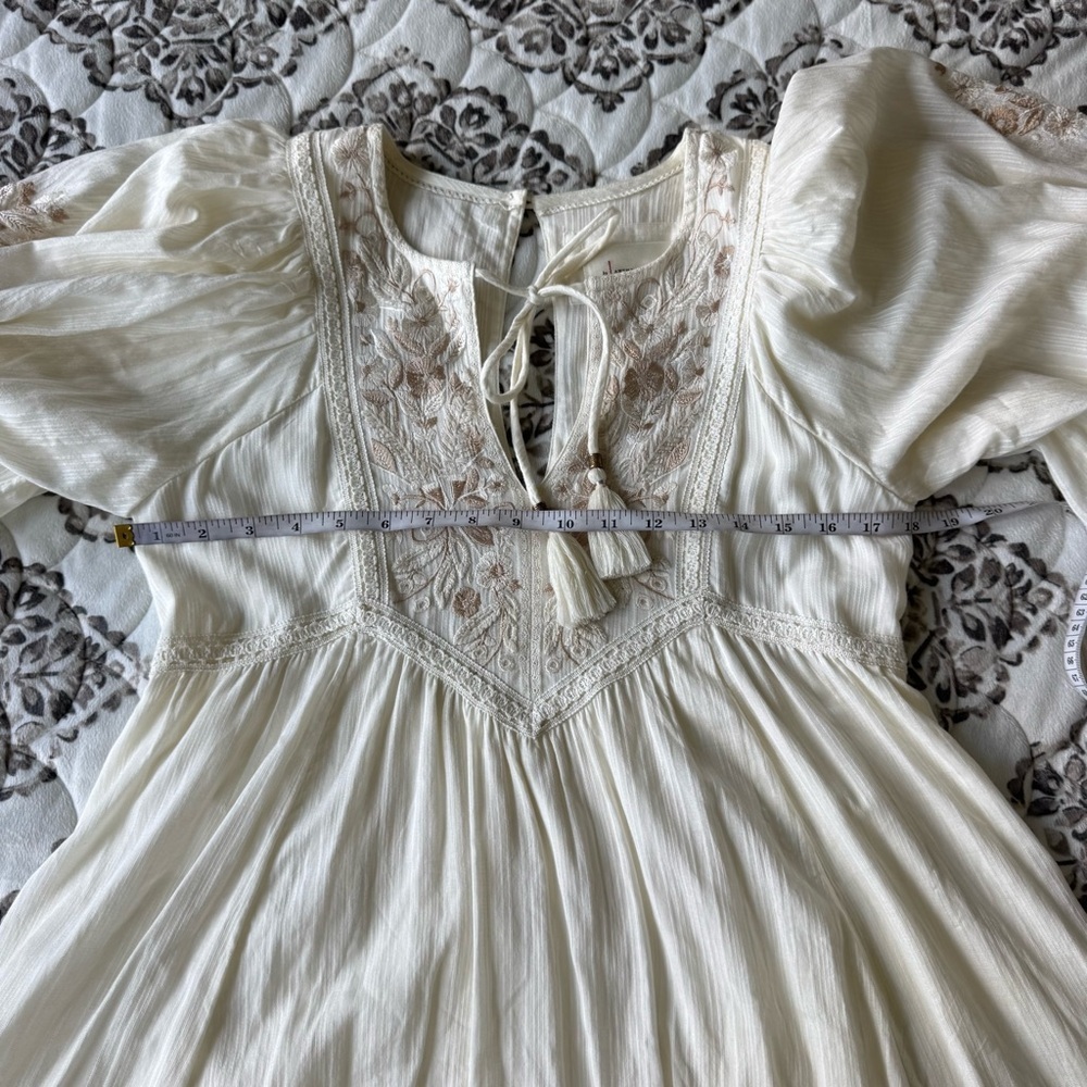 Anthropologie Cream and Brown Embroidered Bohemian balloon sleeve dress XS - Picture 8 of 17
